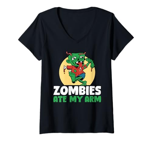 Damen Zombies Ate My Arm Halloween Arm Replacement Surgey T-Shirt mit V-Ausschnitt Damen Zombies Ate My Arm Halloween Arm Replacement Surgey T-Shirt mit V-Ausschnitt von Gruseliges Halloween Design Idee