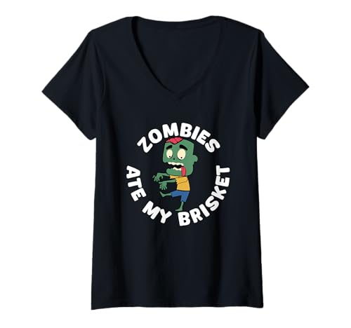 Damen Zombies Ate My Brisket BBQ Halloween T-Shirt mit V-Ausschnitt Damen Zombies Ate My Brisket BBQ Halloween T-Shirt mit V-Ausschnitt von Gruseliges Halloween Design Idee