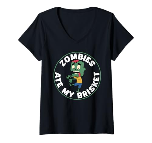 Damen Zombies Ate My Brisket BBQ Halloween T-Shirt mit V-Ausschnitt Damen Zombies Ate My Brisket BBQ Halloween T-Shirt mit V-Ausschnitt von Gruseliges Halloween Design Idee