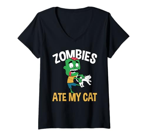 Damen Zombies Ate My Cat Lover Halloween T-Shirt mit V-Ausschnitt Damen Zombies Ate My Cat Lover Halloween T-Shirt mit V-Ausschnitt von Gruseliges Halloween Design Idee