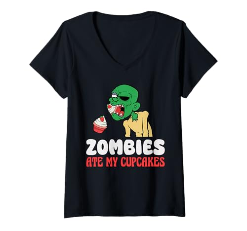 Damen Zombies Ate My Cupcakes Lover Halloween T-Shirt mit V-Ausschnitt Damen Zombies Ate My Cupcakes Lover Halloween T-Shirt mit V-Ausschnitt von Gruseliges Halloween Design Idee