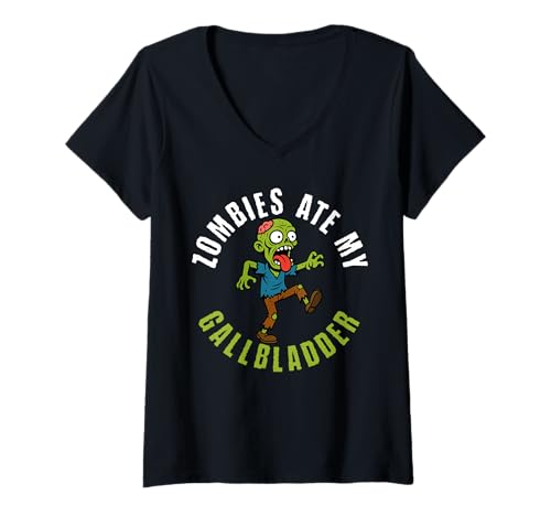 Damen Zombies Ate My Gallbladder Halloween T-Shirt mit V-Ausschnitt Damen Zombies Ate My Gallbladder Halloween T-Shirt mit V-Ausschnitt von Gruseliges Halloween Design Idee