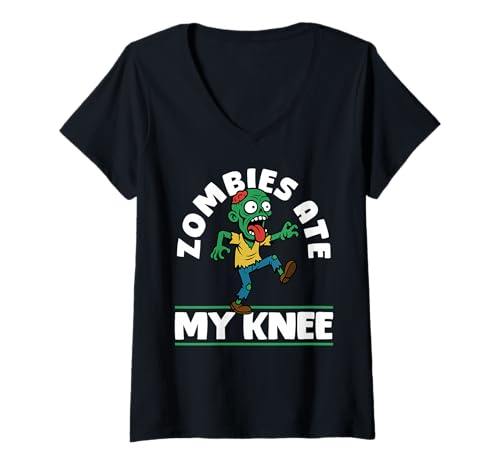 Damen Zombies Ate My Knee Halloween Knee Replacement Surgey T-Shirt mit V-Ausschnitt Damen Zombies Ate My Knee Halloween Knee Replacement Surgey T-Shirt mit V-Ausschnitt von Gruseliges Halloween Design Idee