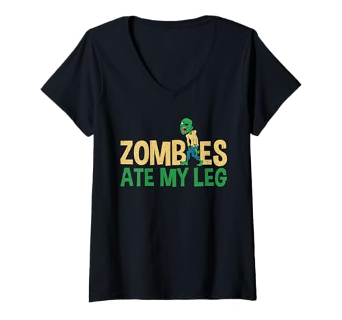 Damen Zombies Ate My Leg Halloween Leg Replacement Surgey T-Shirt mit V-Ausschnitt Damen Zombies Ate My Leg Halloween Leg Replacement Surgey T-Shirt mit V-Ausschnitt von Gruseliges Halloween Design Idee