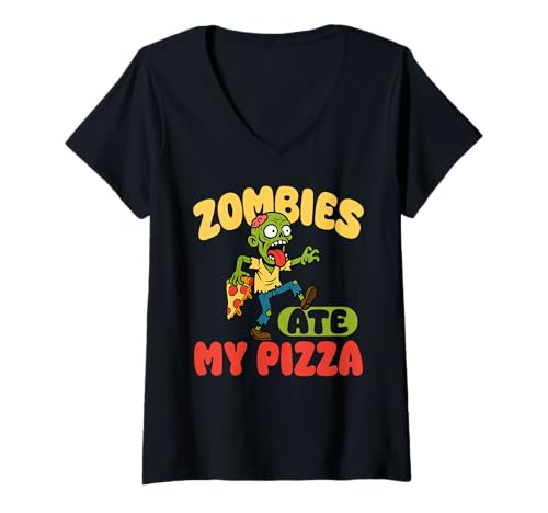Damen Zombies Ate My Pizza Halloween T-Shirt mit V-Ausschnitt Damen Zombies Ate My Pizza Halloween T-Shirt mit V-Ausschnitt von Gruseliges Halloween Design Idee