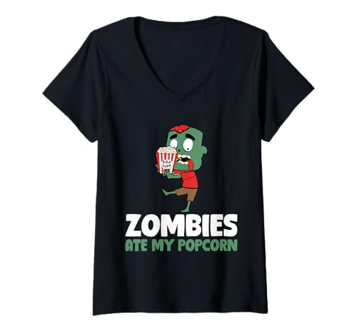 Damen Zombies Ate My Popcon Lover Halloween Cinema T-Shirt mit V-Ausschnitt Damen Zombies Ate My Popcon Lover Halloween Cinema T-Shirt mit V-Ausschnitt von Gruseliges Halloween Design Idee