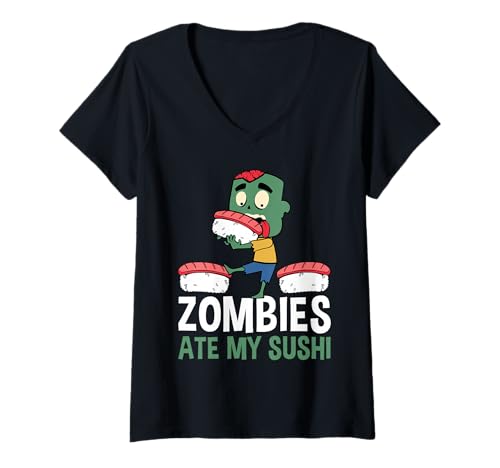 Damen Zombies Ate My Sushi Lover Halloween Japan T-Shirt mit V-Ausschnitt Damen Zombies Ate My Sushi Lover Halloween Japan T-Shirt mit V-Ausschnitt von Gruseliges Halloween Design Idee