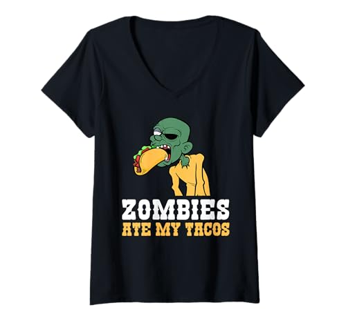 Damen Zombies Ate My Tacos Lover Halloween Mexican T-Shirt mit V-Ausschnitt Damen Zombies Ate My Tacos Lover Halloween Mexican T-Shirt mit V-Ausschnitt von Gruseliges Halloween Design Idee