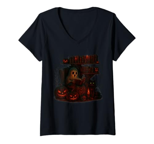 Damen Halloween Geist Lesen Lustig Kürbis Katze Bücherwurm Shirt T-Shirt mit V-Ausschnitt Damen Halloween Geist Lesen Lustig Kürbis Katze Bücherwurm Shirt T-Shirt mit V-Ausschnitt von Gruseliges Halloween Geist Bücherliebe Katze