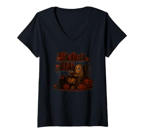 Damen Halloween Geist Lesen Lustig Kürbis Katze Bücherwurm Shirt T-Shirt mit V-Ausschnitt Damen Halloween Geist Lesen Lustig Kürbis Katze Bücherwurm Shirt T-Shirt mit V-Ausschnitt von Gruseliges Halloween Geist Bücherliebe Katze