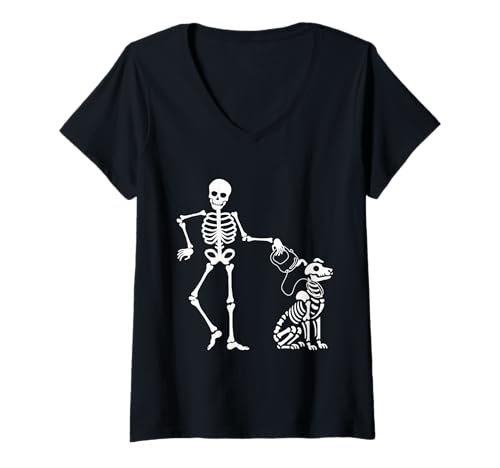 Damen Design für Halloween Hexen und Geister, Skelett mit Hund T-Shirt mit V-Ausschnitt Damen Design für Halloween Hexen und Geister, Skelett mit Hund T-Shirt mit V-Ausschnitt von Gruseliges Halloween Geister, Skelett mit Hund
