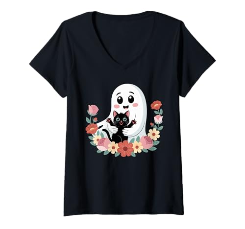 Damen Design für Halloween Kürbis, Hexen und Geist mit Katze T-Shirt mit V-Ausschnitt Damen Design für Halloween Kürbis, Hexen und Geist mit Katze T-Shirt mit V-Ausschnitt von Gruseliges Halloween lustiger Geist mit Katze