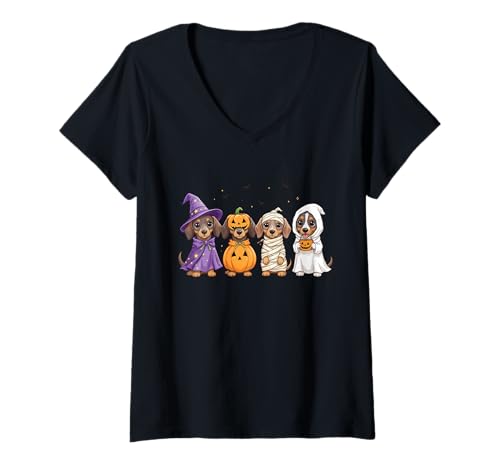 Damen Design für Halloween Kürbis, Hexen und Geister Dackel T-Shirt mit V-Ausschnitt Damen Design für Halloween Kürbis, Hexen und Geister Dackel T-Shirt mit V-Ausschnitt von Gruseliges Halloween lustiges Dackel Design
