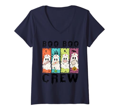 Damen Design für Halloween Kürbis, Hexen und Geister T-Shirt mit V-Ausschnitt von Gruseliges Halloween lustiges Design