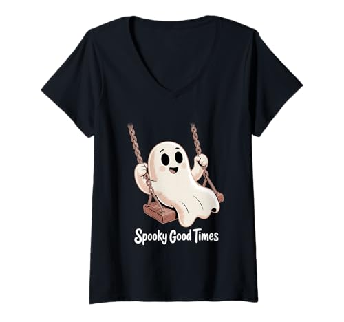 Damen Design für Halloween Kürbis, Hexen und Geister T-Shirt mit V-Ausschnitt von Gruseliges Halloween lustiges Design