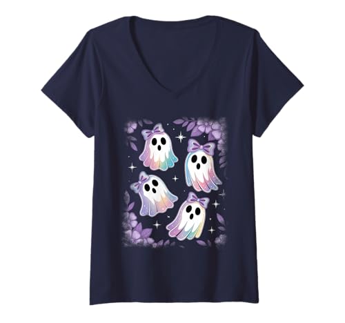 Damen Design für Halloween Kürbis, Hexen und Geister T-Shirt mit V-Ausschnitt von Gruseliges Halloween lustiges Design
