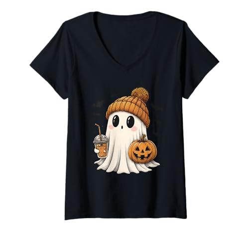 Damen Design für Halloween Kürbis, Hexen und Geister T-Shirt mit V-Ausschnitt von Gruseliges Halloween lustiges Design