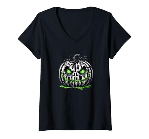 Damen Design für Halloween Kürbis, Hexen und Geister T-Shirt mit V-Ausschnitt von Gruseliges Halloween lustiges Design