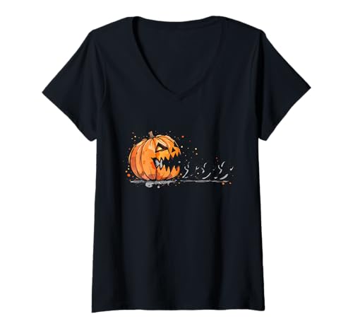 Damen Design für Halloween Kürbis, Hexen und Geister T-Shirt mit V-Ausschnitt von Gruseliges Halloween lustiges Design
