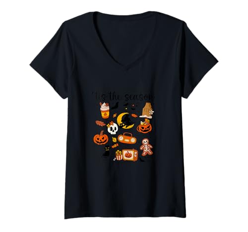 Damen Design für Halloween Kürbis, Hexen und Geister T-Shirt mit V-Ausschnitt von Gruseliges Halloween lustiges Design