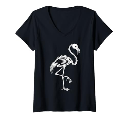 Damen Design für Halloween Kürbis, Flamingo Skelett T-Shirt mit V-Ausschnitt Damen Design für Halloween Kürbis, Flamingo Skelett T-Shirt mit V-Ausschnitt von Gruseliges Halloween lustiges Flamingo Skelett
