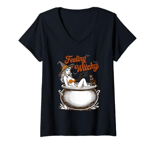 Damen Design für Halloween Kürbis, Hexen und Geister T-Shirt mit V-Ausschnitt von Gruseliges Halloween lustiges Hexen Design
