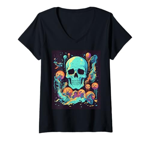 Damen Horror Skelette im Mond - Halloween Skelett T-Shirt mit V-Ausschnitt von Gruseliges Skelett Geschenk – Gothic Horror