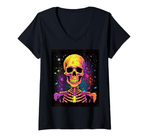 Damen Horror Skelette im Mond - Halloween Skelett T-Shirt mit V-Ausschnitt Damen Horror Skelette im Mond - Halloween Skelett T-Shirt mit V-Ausschnitt von Gruseliges Skelett Geschenk – Gothic Horror