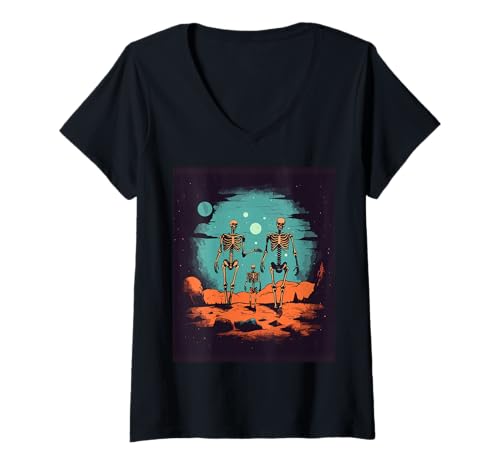 Damen Horror Skelette im Mond - Halloween Skelett T-Shirt mit V-Ausschnitt Damen Horror Skelette im Mond - Halloween Skelett T-Shirt mit V-Ausschnitt von Gruseliges Skelett Geschenk – Gothic Horror