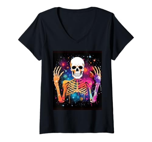 Damen Horror Skelette im Mond - Halloween Skelett T-Shirt mit V-Ausschnitt von Gruseliges Skelett Geschenk – Gothic Horror