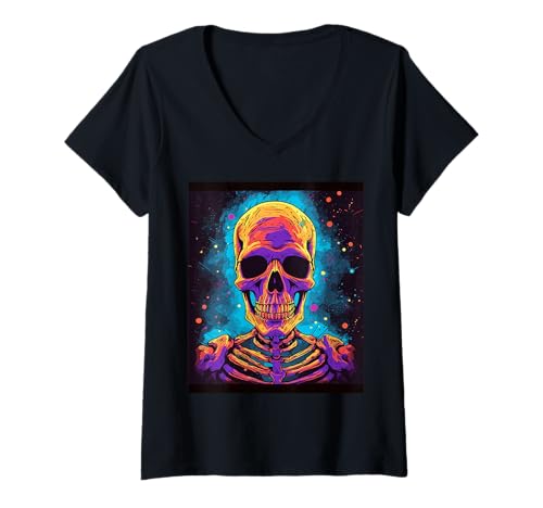 Damen Horror Skelette im Mond - Halloween Skelett T-Shirt mit V-Ausschnitt Damen Horror Skelette im Mond - Halloween Skelett T-Shirt mit V-Ausschnitt von Gruseliges Skelett Geschenk – Gothic Horror