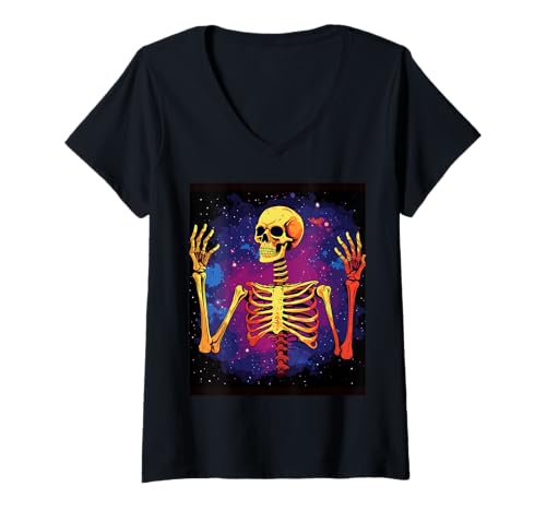 Damen Horror Skelette im Mond - Halloween Skelett T-Shirt mit V-Ausschnitt Damen Horror Skelette im Mond - Halloween Skelett T-Shirt mit V-Ausschnitt von Gruseliges Skelett Geschenk – Gothic Horror