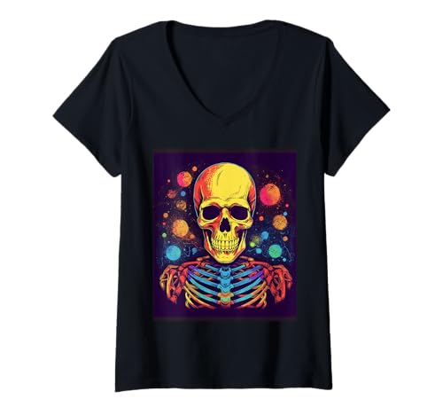 Damen Horror Skelette im Mond - Halloween Skelett T-Shirt mit V-Ausschnitt Damen Horror Skelette im Mond - Halloween Skelett T-Shirt mit V-Ausschnitt von Gruseliges Skelett Geschenk – Gothic Horror