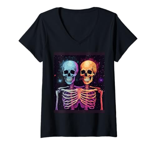 Damen Horror Skelette im Mond - Halloween Skelett T-Shirt mit V-Ausschnitt Damen Horror Skelette im Mond - Halloween Skelett T-Shirt mit V-Ausschnitt von Gruseliges Skelett Geschenk – Gothic Horror