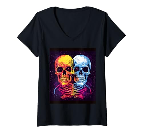 Damen Horror Skelette im Mond - Halloween Skelett T-Shirt mit V-Ausschnitt von Gruseliges Skelett Geschenk – Gothic Horror