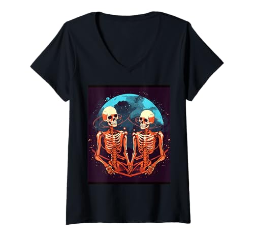 Damen Horror Skelette im Mond - Halloween Skelett T-Shirt mit V-Ausschnitt Damen Horror Skelette im Mond - Halloween Skelett T-Shirt mit V-Ausschnitt von Gruseliges Skelett Geschenk – Gothic Horror