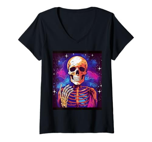 Damen Horror Skelette im Mond - Halloween Skelett T-Shirt mit V-Ausschnitt von Gruseliges Skelett Geschenk – Gothic Horror
