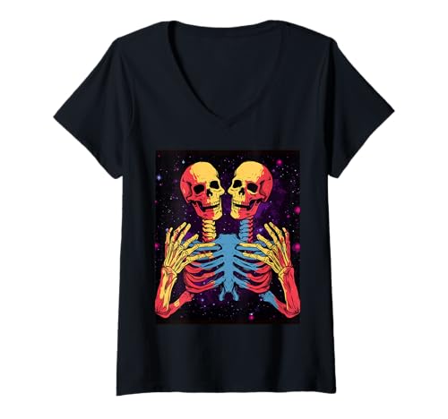 Damen Horror Skelette im Mond - Halloween Skelett T-Shirt mit V-Ausschnitt von Gruseliges Skelett Geschenk – Gothic Horror