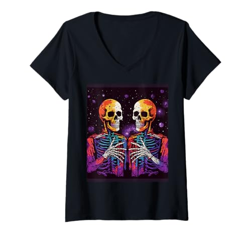 Damen Horror Skelette im Mond - Halloween Skelett T-Shirt mit V-Ausschnitt von Gruseliges Skelett Geschenk – Gothic Horror