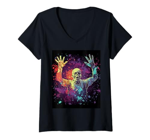 Damen Halloween Zombie Schädel Szene – Psychedelischer Horror T-Shirt mit V-Ausschnitt von Gruseliges Untoten Gothic Geschenk Horror Fan