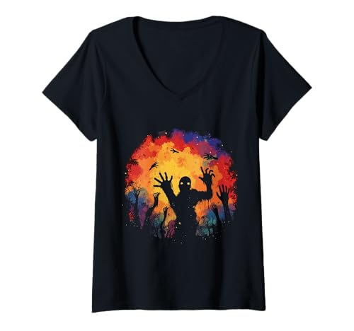 Damen Halloween Zombie Schädel Szene – Psychedelischer Horror T-Shirt mit V-Ausschnitt von Gruseliges Untoten Gothic Geschenk Horror Fan
