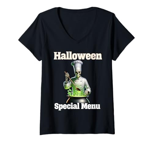 Damen Skelettkoch rührt Halloween-Kessel in der Küche T-Shirt mit V-Ausschnitt von Gruselkoch Spukrezept Halloween Küche Szene