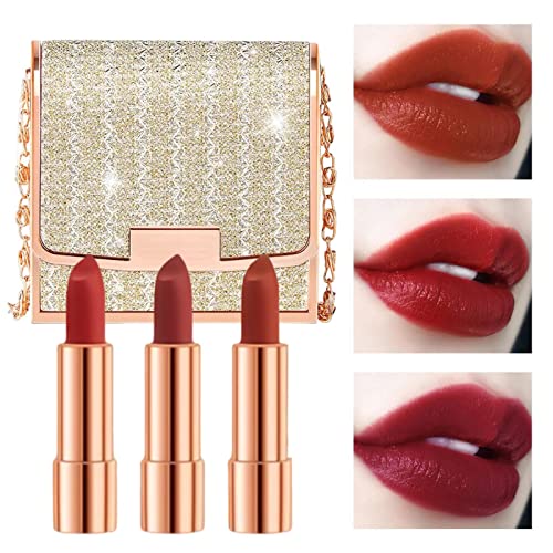 Mattes Lippenstift-Make-up-Set Für Frauen, 3 Farben Lang Anhaltender Samt-Lippenstift In Einem Kettenbeutel, Antihaftbeschichteter Roter Lippenstift, Nicht Verblassendes, Wasserfestes Lippenstift-Set von Gruwkue