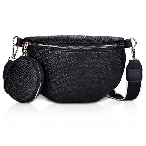 Crossbody Bag Damen, Bauchtasche PU Leder mit Geldbörse, Moderne Taschen mit Breitem Schultergurt, Kleine Umhängetasche mit Reißverschluss und Austauschbar Schultergurt für Reise,Schwarz von GSenhui