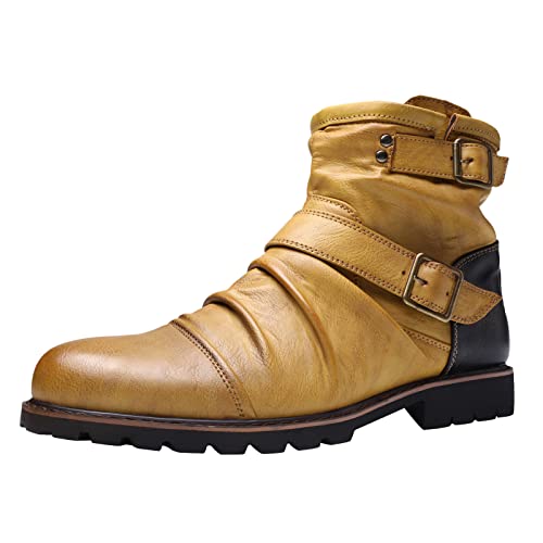 Gsheocm Business Schuhe Herren Schwarz Herrenschuhe High Top Lederstiefel Vintage Gürtelschnalle Plissee Seitlicher Reißverschluss Kurze Stiefel Herren Schuhe Mokassins von Gsheocm