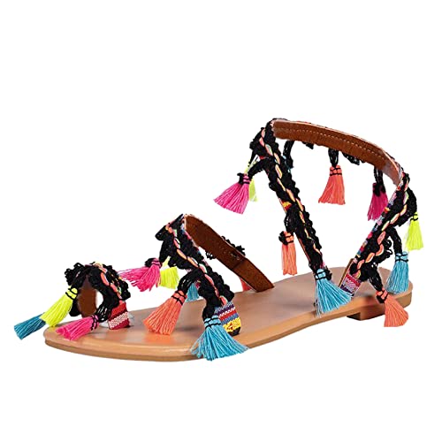 Gsheocm Frauen Sommer Sandalen Römische Schuhe Freizeit Vintage Zehe Ring Gladiator Sandalen Elegante Sandaletten Spitze Blumen Sommerschuhe Zehentrenner Komfortable von Gsheocm