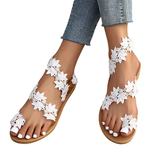 Gsheocm Frauen Sommer Sandalen Römische Schuhe Freizeit Vintage Zehe Ring Gladiator Sandalen Elegante Sandaletten Spitze Blumen Sommerschuhe Zehentrenner Komfortable von Gsheocm