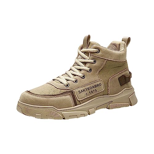 Gsheocm Herrenschuhe High Top Lederstiefel Vintage Runde Zehe Flache Kurze Stiefel wasserdichte Schuhe Herren Fahrrad (Schleife A-Beige, 39) von Gsheocm