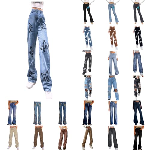 Gsheocm Straight Jeans Damen y2k Jeans Kleidung Mädchen Teenager Jeanshosen Frauen breite Hosen Hosen gerade Bedruckte Damenbeinjeans Teenager Klamotten Mädchen Trend von Gsheocm