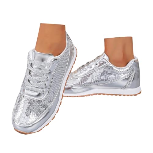 Gsheocm Sneaker Damen Pailletten Schuhe Plateau Silber Glitzerschuhe Outdoor Turnschuhe Flach Leicht Schnürschuhe Glitzer Schuhe Leder Atmungsaktive Sportschuhe Freizeitschuhe von Gsheocm